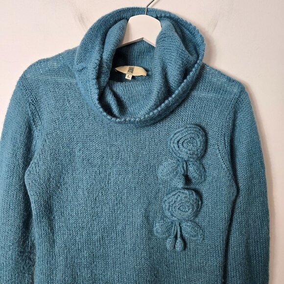 Irene Van Ryb Size L Mohair Blend Cowl Neck Teal Fuzzy Sweater Women's - Picture 2 of 10